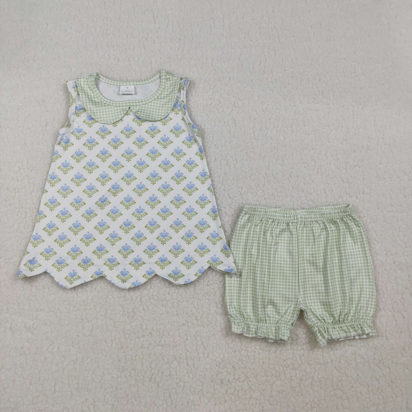 RTS NO MOQ GSSO2850 Baby Girls Plaid Collar Tunic And Ruffle Shorts Outfit Set Floral Print Baby Girl's Clothing Set