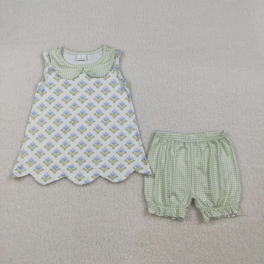 RTS NO MOQ GSSO2850 Baby Girls Plaid Collar Tunic And Ruffle Shorts Outfit Set Floral Print Baby Girl's Clothing Set