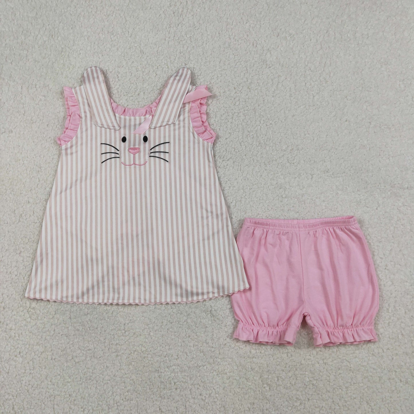 RTS NO MOQ GSSO2924 Baby Girls Easter Outfit Embroidered Rabbits Tunic with Back Bows Stripe Ruffle Shorts Set