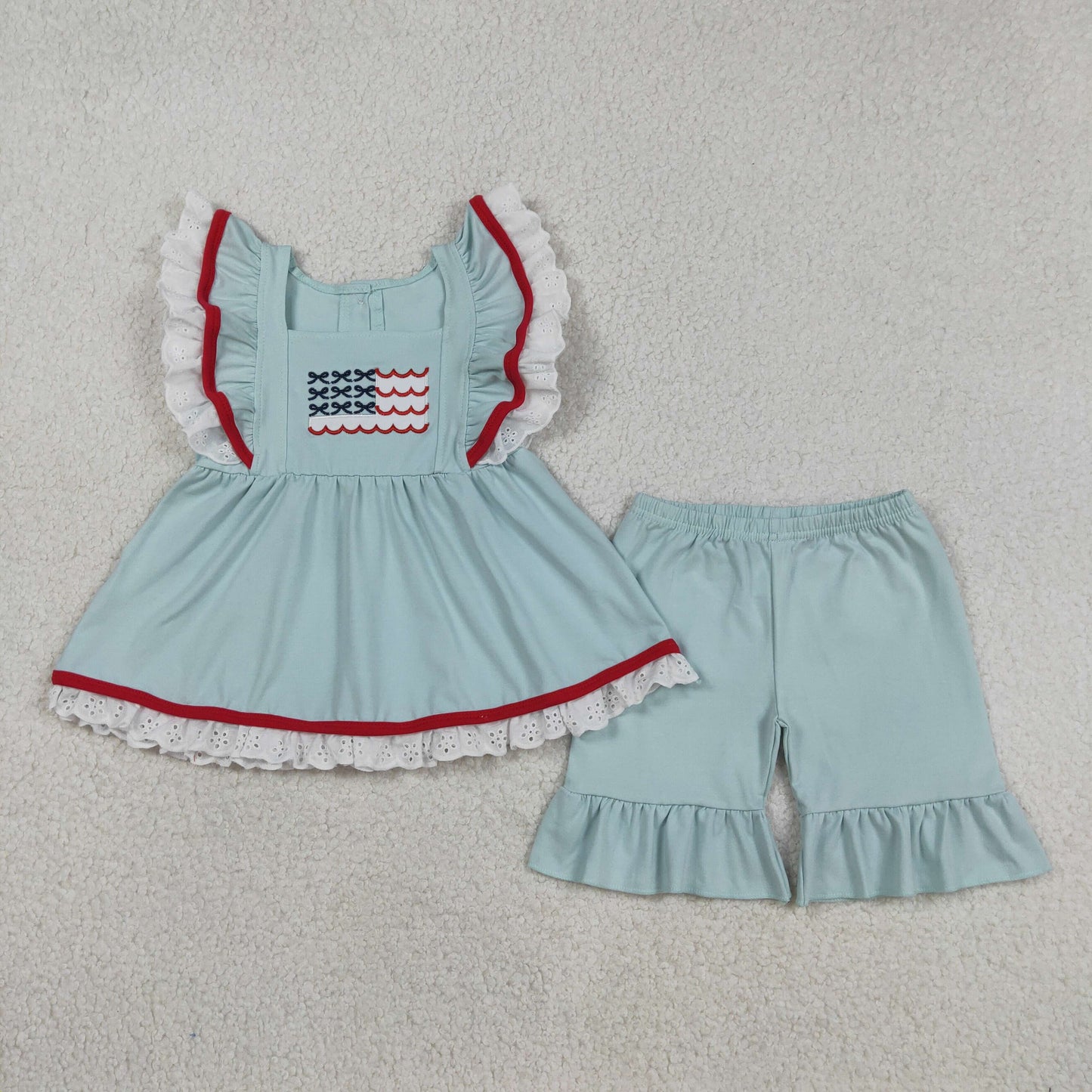 RTS NO MOQ GSSO2926 Embroidered Baby Girls' 4th of July Outfit Set with Flutter Sleeve Tunic And Ruffle Shorts
