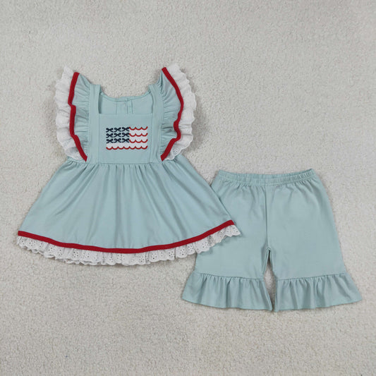 RTS NO MOQ GSSO2926 Embroidered Baby Girls' 4th of July Outfit Set with Flutter Sleeve Tunic And Ruffle Shorts