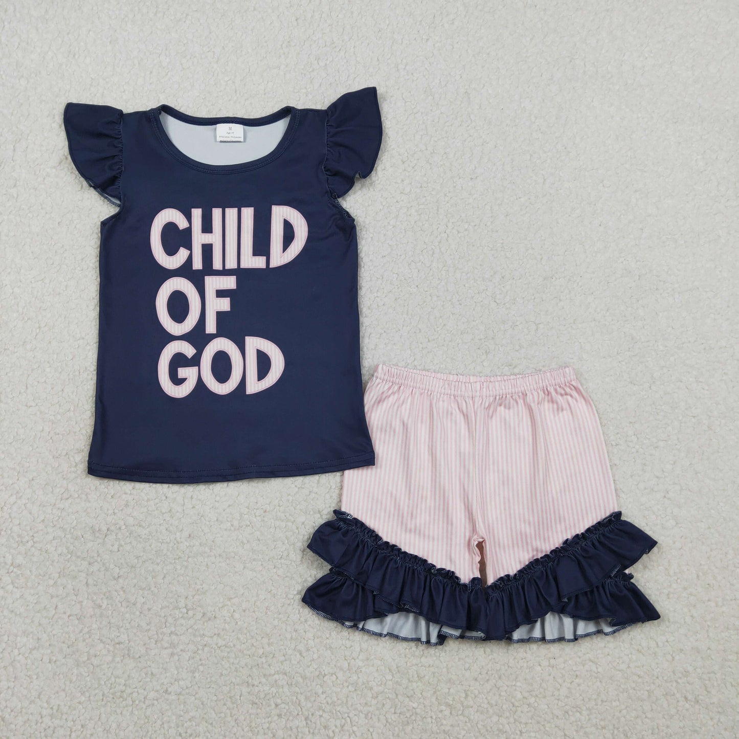 RTS NO MOQ GSSO2933  Baby Girls' 'Child of God' Top And Ruffle Shorts Outfit Set with Flutter Sleeves for Infants And Toddlers