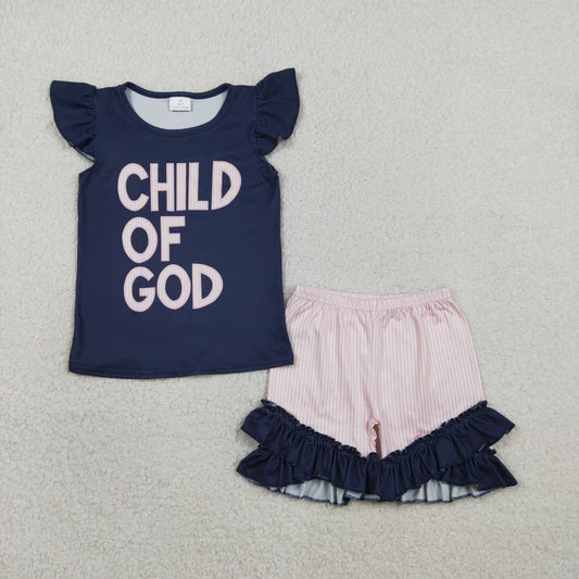 RTS NO MOQ GSSO2933  Baby Girls' 'Child of God' Top And Ruffle Shorts Outfit Set with Flutter Sleeves for Infants And Toddlers