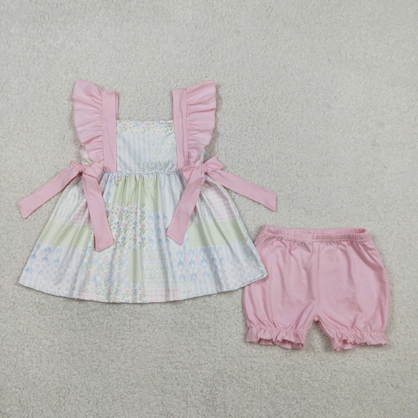 RTS NO MOQ GSSO2951 Baby Girls Plaid Tunic with Ruffle Shorts Outfit Set Bow Detail Floral Print Clothing Set for Infants