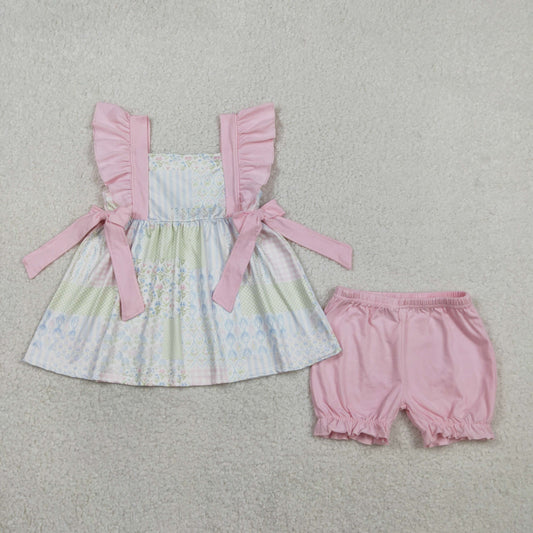 RTS NO MOQ GSSO2951 Baby Girls Plaid Tunic with Ruffle Shorts Outfit Set Bow Detail Floral Print Clothing Set for Infants