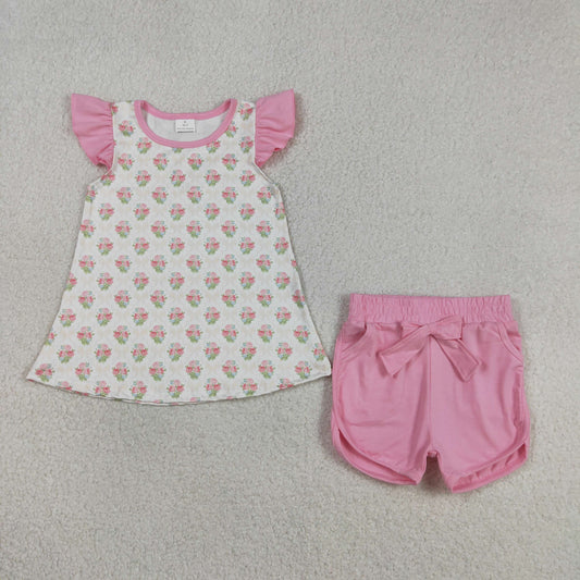 RTS NO MOQ GSSO2953 Baby Girls Pink Checked Tunic with Pockets Short Outfit Set