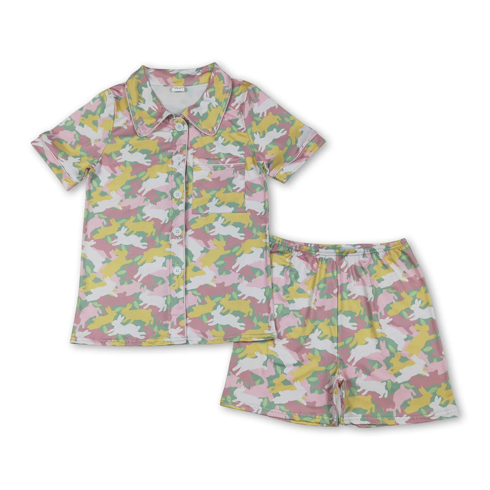 RTS NO MOQ Sibling milk silk Adult Women Camouflage Print Button Front Top Shorts Two Piece Pajama Clothes Set