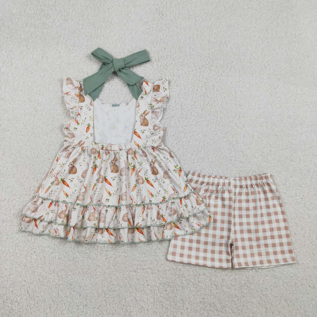 RTS NO MOQ GSSO2980  Baby Girls Easter Outfit Carrot Rabbit Print Button Strap Tunic Top with Checked Shorts Clothing Set for Spring