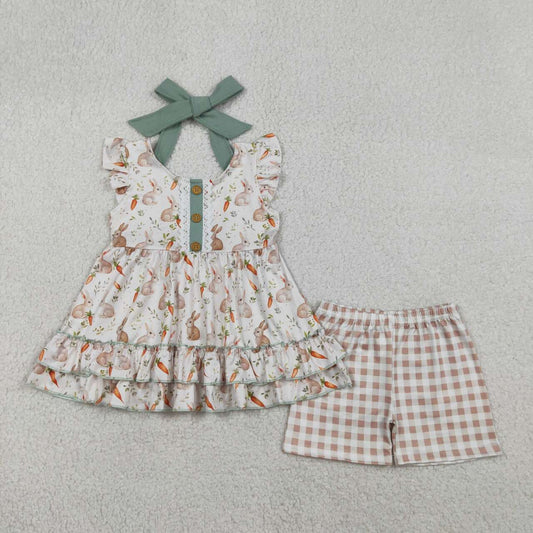 RTS NO MOQ GSSO2980  Baby Girls Easter Outfit Carrot Rabbit Print Button Strap Tunic Top with Checked Shorts Clothing Set for Spring