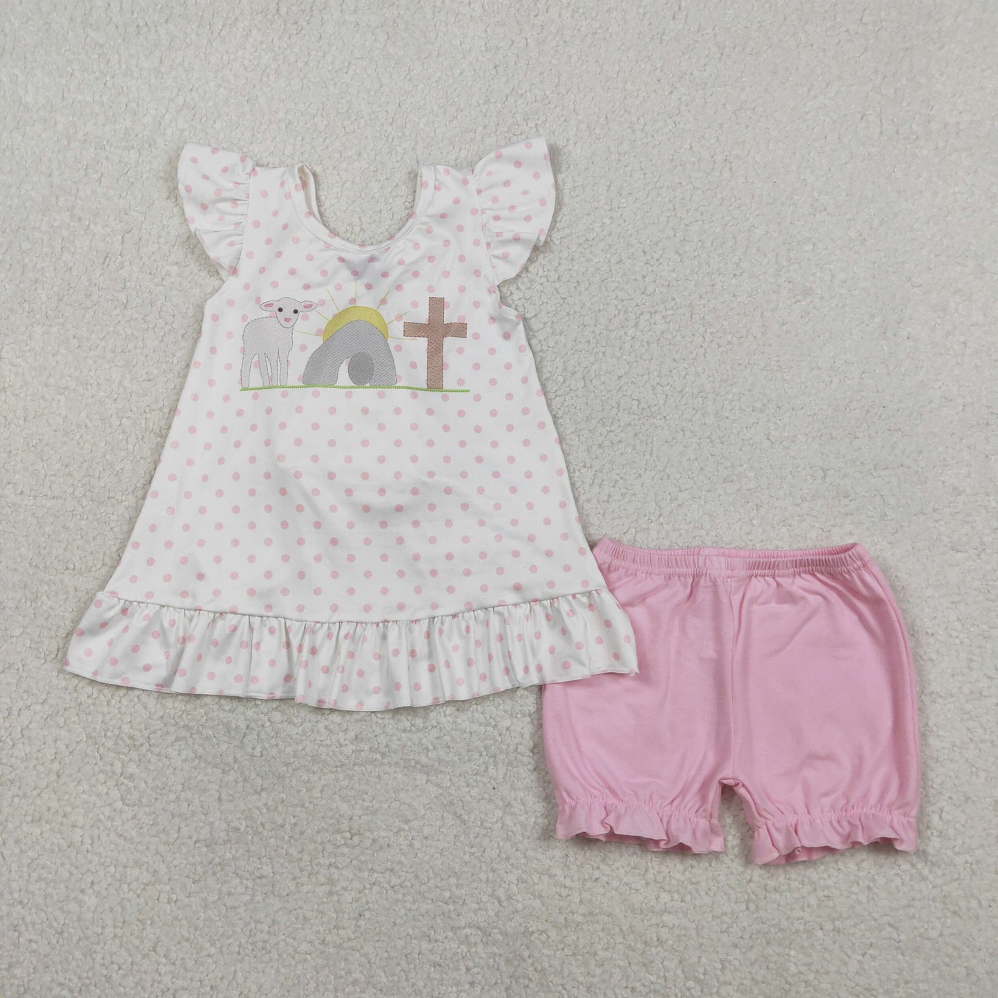 RTS NO MOQ GSSO3018 Baby Girls Easter Outfit Set Cross Polka Dots Back Bow Tunic with Ruffle Shorts