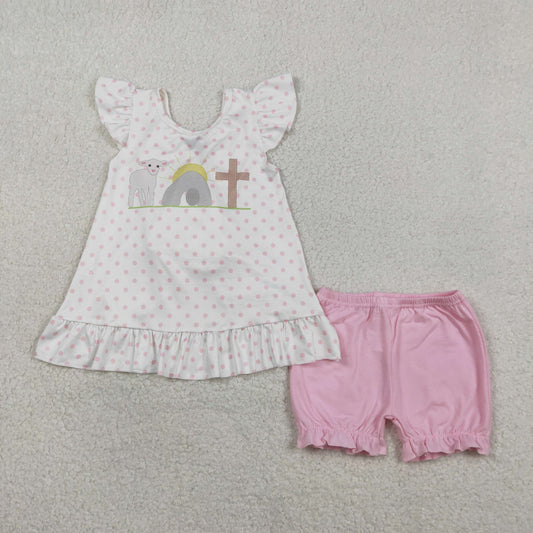 RTS NO MOQ GSSO3018 Baby Girls Easter Outfit Set Cross Polka Dots Back Bow Tunic with Ruffle Shorts