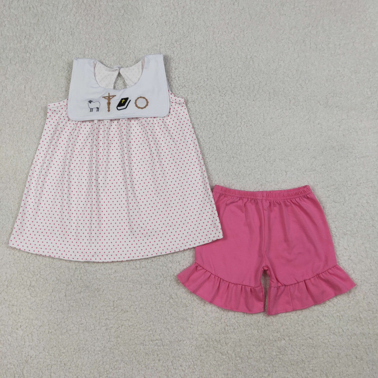 RTS NO MOQ Sibling Baby Boys Girls Embroidery Cross Sheep Top Shorts Clothes Sets Rompers