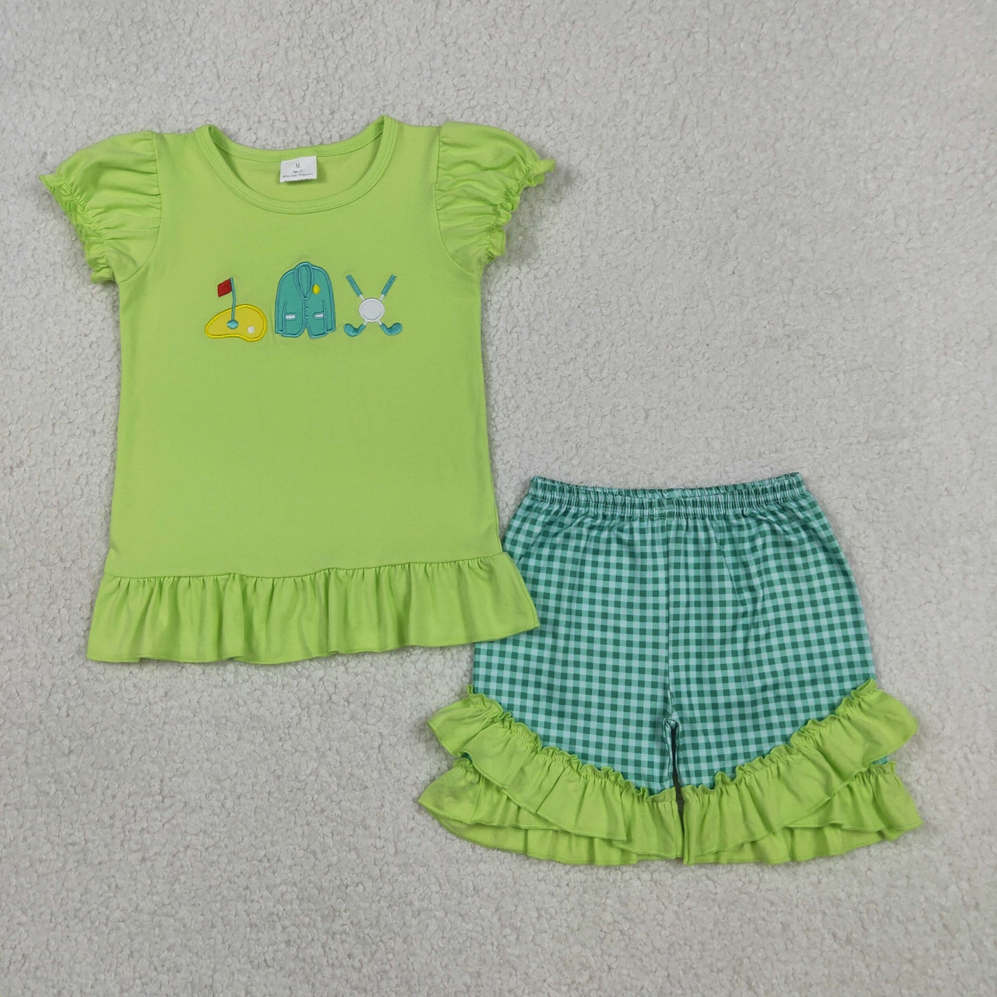 RTS NO MOQ Sibling Baby Girls Boys Blue Stripe Golf Short Sleeve Top Green Shorts Sets
