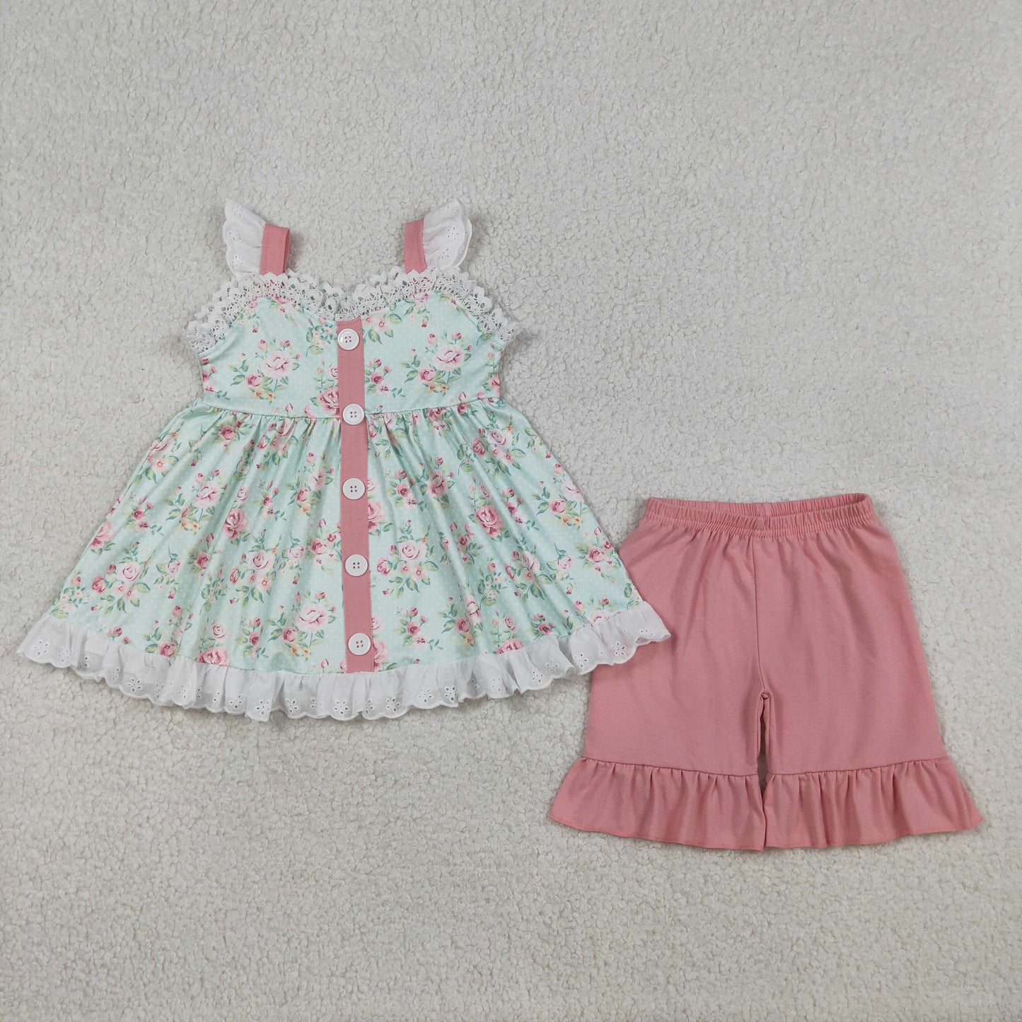 RTS NO MOQ GSSO3036 Baby Girls Colorful Flowers Button Tunic And Ruffle Shorts Outfit Set Cute Baby Girl Clothing Set