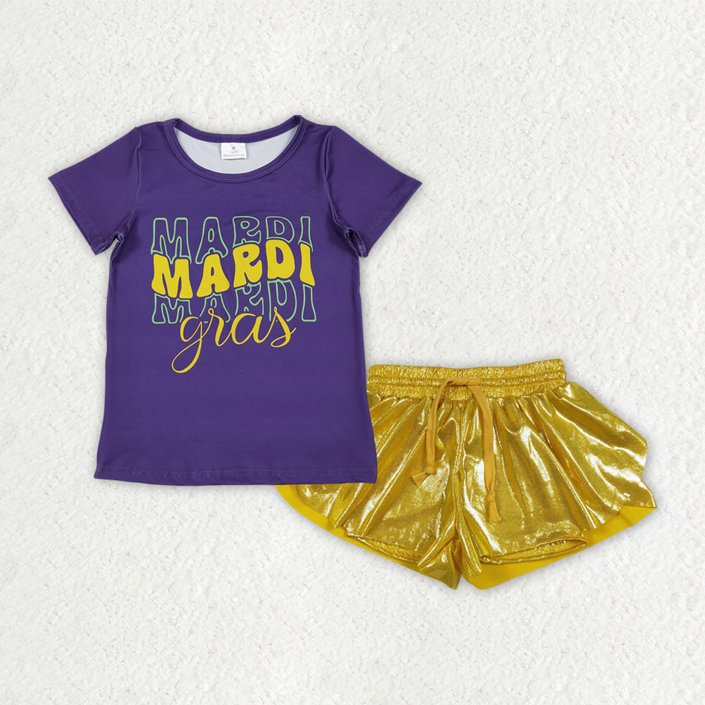 RTS NO MOQ（In Stock) baby girl clothes mardi gras short-sleeved top leather shorts sets-GSSO3044