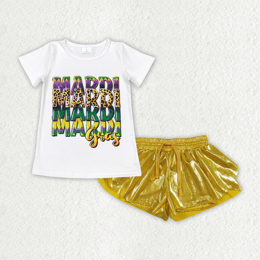 RTS NO MOQ（In Stock) baby girl clothes mardi gras short-sleeved shirt leather shorts sets-GSSO3045