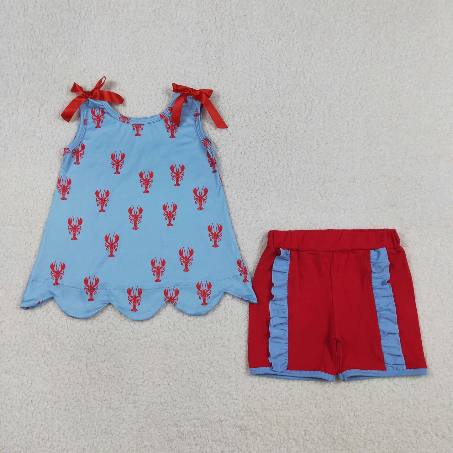 RTS NO MOQ GSSO3050 Baby Girls Sleeveless Crayfishes Scallop Tunic Ruffle Shorts Outfit Set