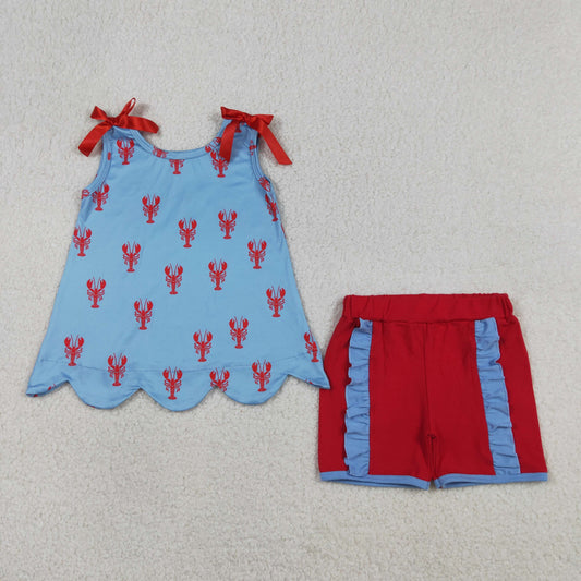 RTS NO MOQ GSSO3050 Baby Girls Sleeveless Crayfishes Scallop Tunic Ruffle Shorts Outfit Set