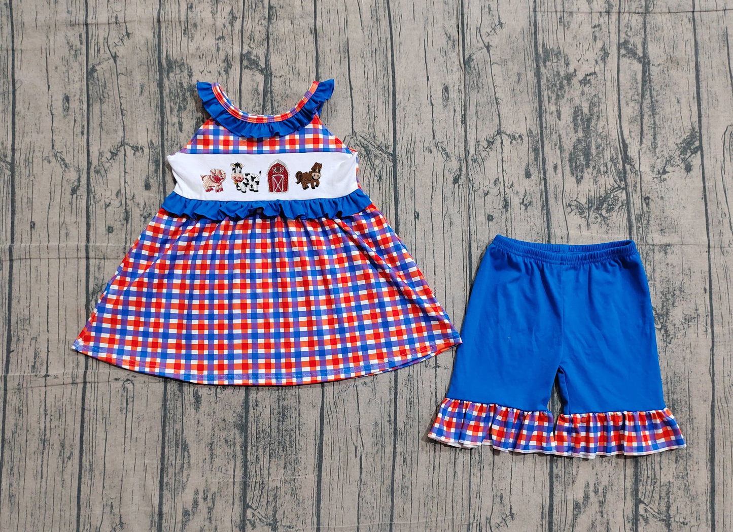 (Pre Order) No moq GSSO3056 Embroidery Farm Baby Girls Plaid Tunic Ruffle Shorts Summer Sets