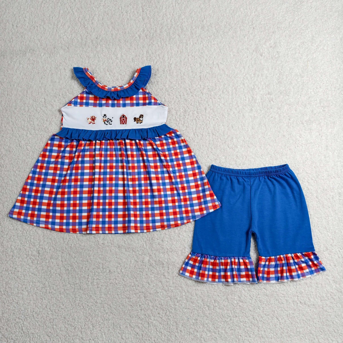 RTS NO MOQ milk silk GSSO3056 Embroidery Farm Baby Girls Summer Plaid Tunic Ruffle Shorts Sets