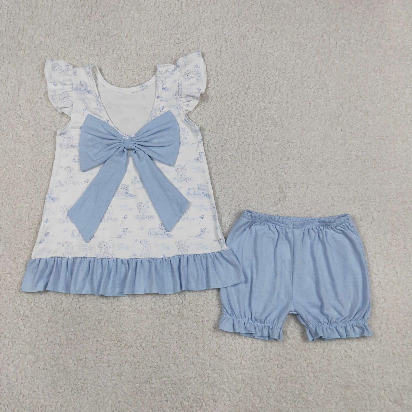 RTS NO MOQ GSSO3061 Toddler Girls Fashion Flutter Sleeve Dog Butterfly Ruffle Short Set（3-6M-6-7T）