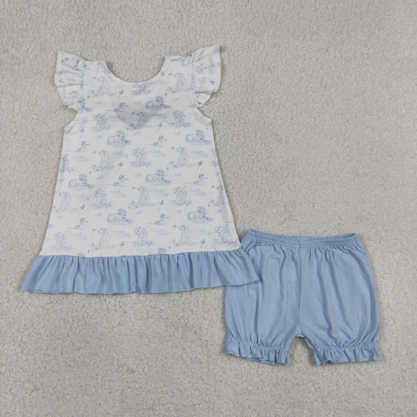 RTS NO MOQ GSSO3061 Toddler Girls Fashion Flutter Sleeve Dog Butterfly Ruffle Short Set（3-6M-6-7T）