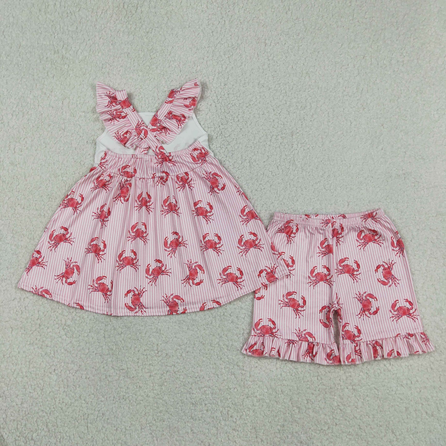 RTS NO MOQ Sibling Baby Girls Pink Stripe Crab Flutter Sleeve Tunic Ruffle Shorts Set Crab Print Strap Dress