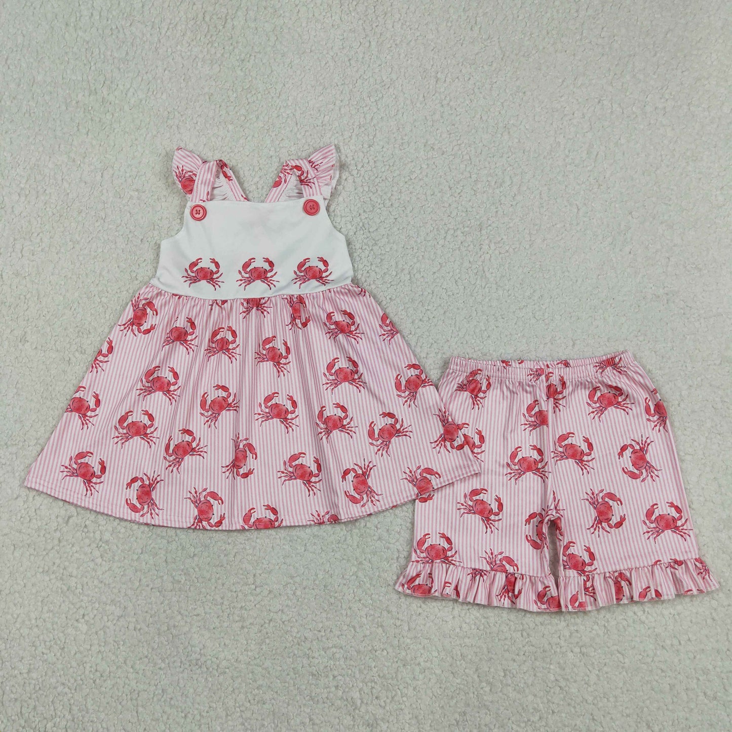RTS NO MOQ Sibling Baby Girls Pink Stripe Crab Flutter Sleeve Tunic Ruffle Shorts Set Crab Print Strap Dress