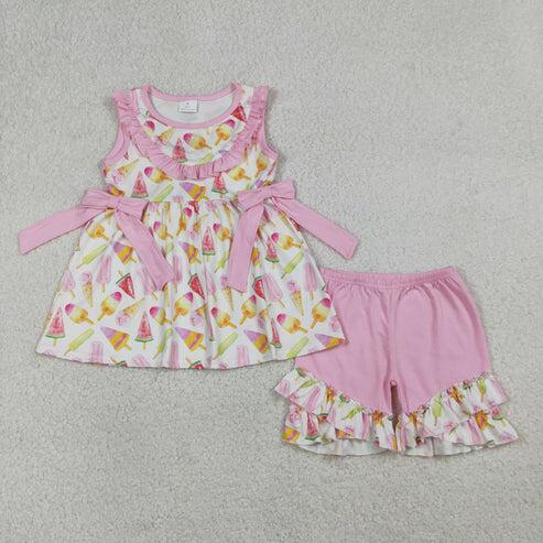 RTS NO MOQ Sibling Baby Girls Sleeveless Print Tunic Top with Ruffle Shorts Outfit Set Cute Summer Clothing