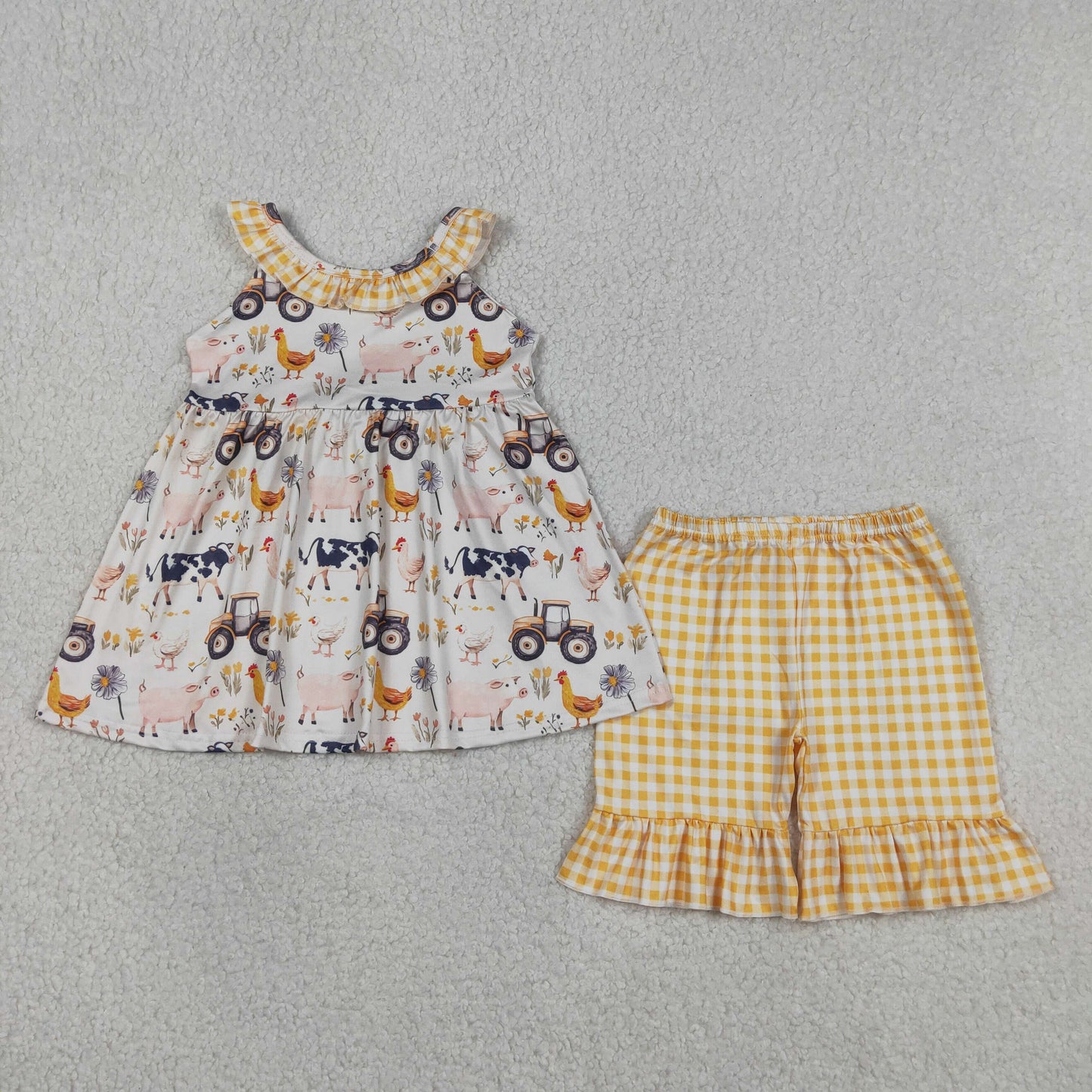 RTS NO MOQ Sibling Baby Girls Pigs Cows Farm Tunic Ruffle Checked Shorts Two Piece Set