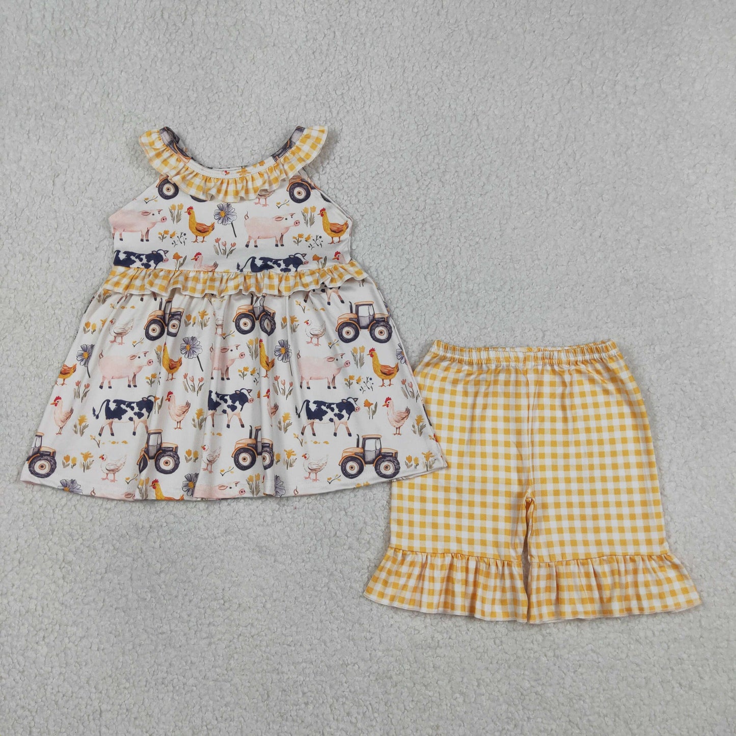 RTS NO MOQ GSSO3071 Baby Girls  Cows Trucks Print Sleeveless Ruffle Shorts Sets