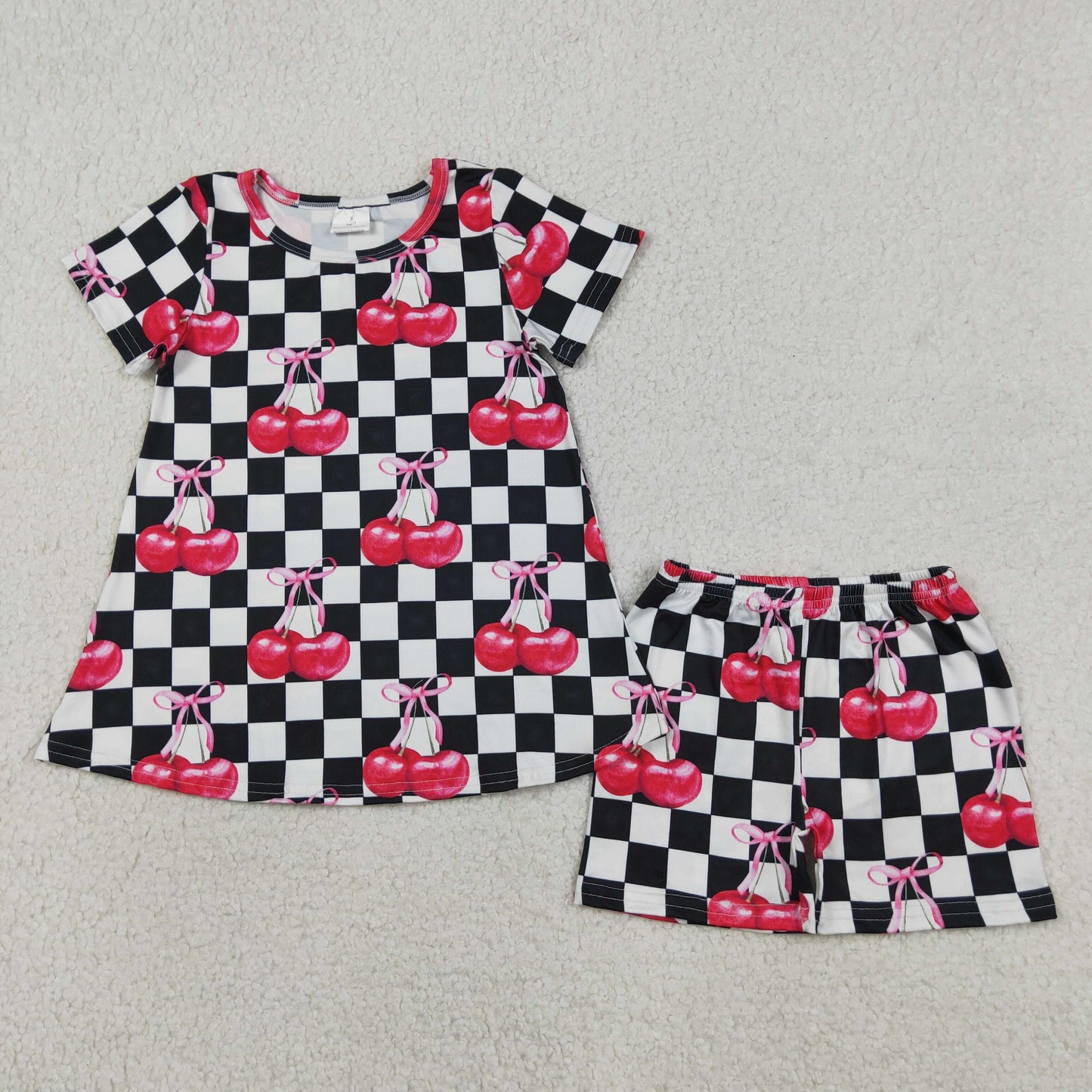 RTS NO MOQ milk silk Sibling Baby Girls Cute White Black Checked Cherry Tunic Shorts Set Strap Ruffle Tunic Rompers