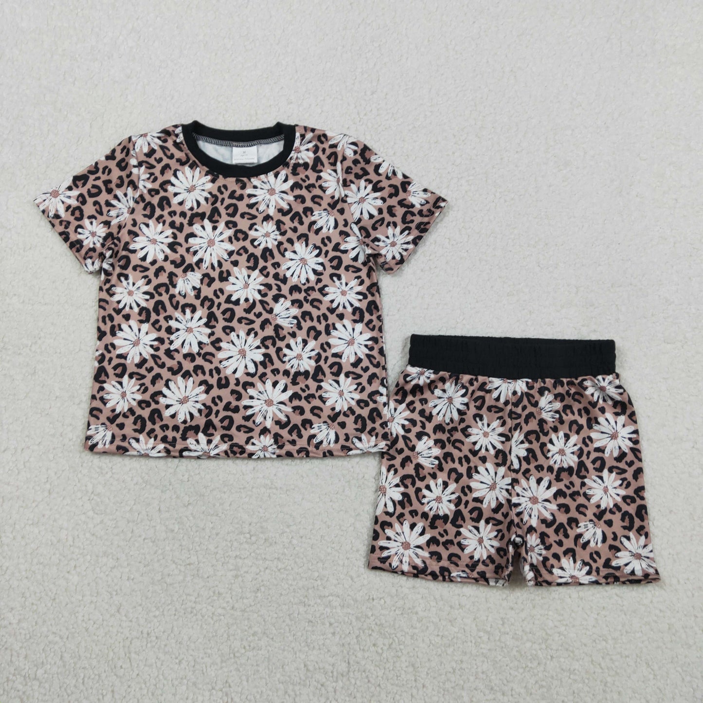 RTS NO MOQ GSSO3079 Baby Girls Leopard Daisy Flowers Short Pajamas Top Set Cute Animal Print Baby Clothing Set for Little Girls