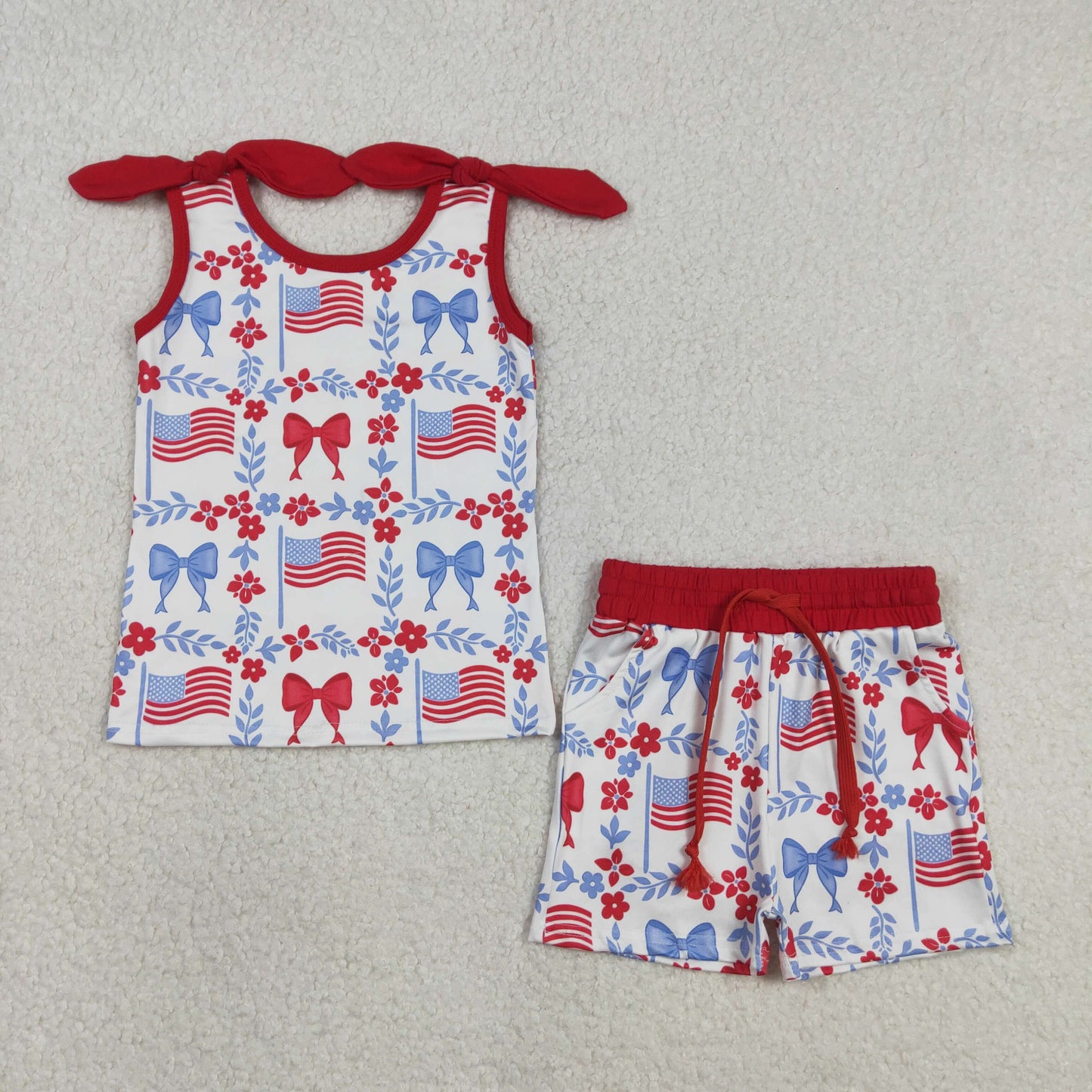 RTS NO MOQ Sibling Baby Girls 4th of July Red Blue Flowers Top Pockets Short Sets Yoga Active Shorts Knee Length Dress