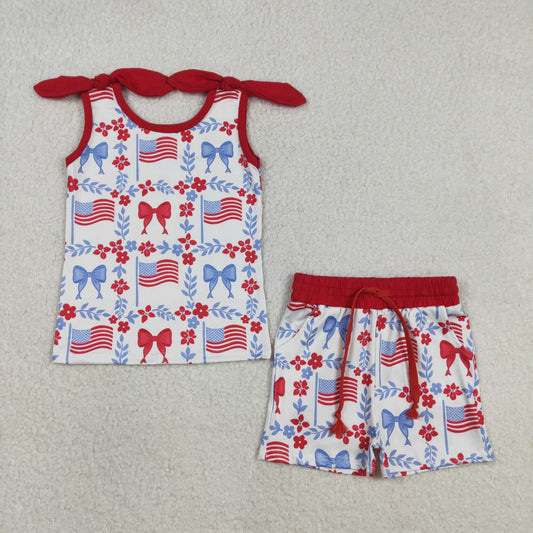 RTS NO MOQ GSSO3094 Baby Girls 4th of July Outfit Set with Red Blue Flowers Top And Short Pockets Casual Clothing