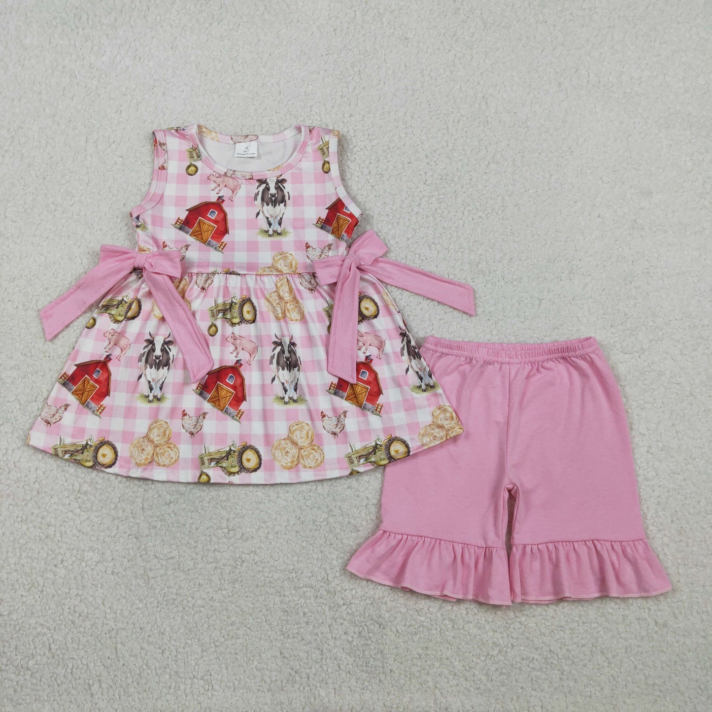 RTS NO MOQ GSSO3100 Baby Girls Sleeveless Pink Checked Tunic with Ruffle Shorts Farm Animal Print Outfit Set for Infants