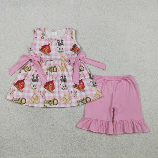 RTS NO MOQ GSSO3100 Baby Girls Sleeveless Pink Checked Tunic with Ruffle Shorts Farm Animal Print Outfit Set for Infants