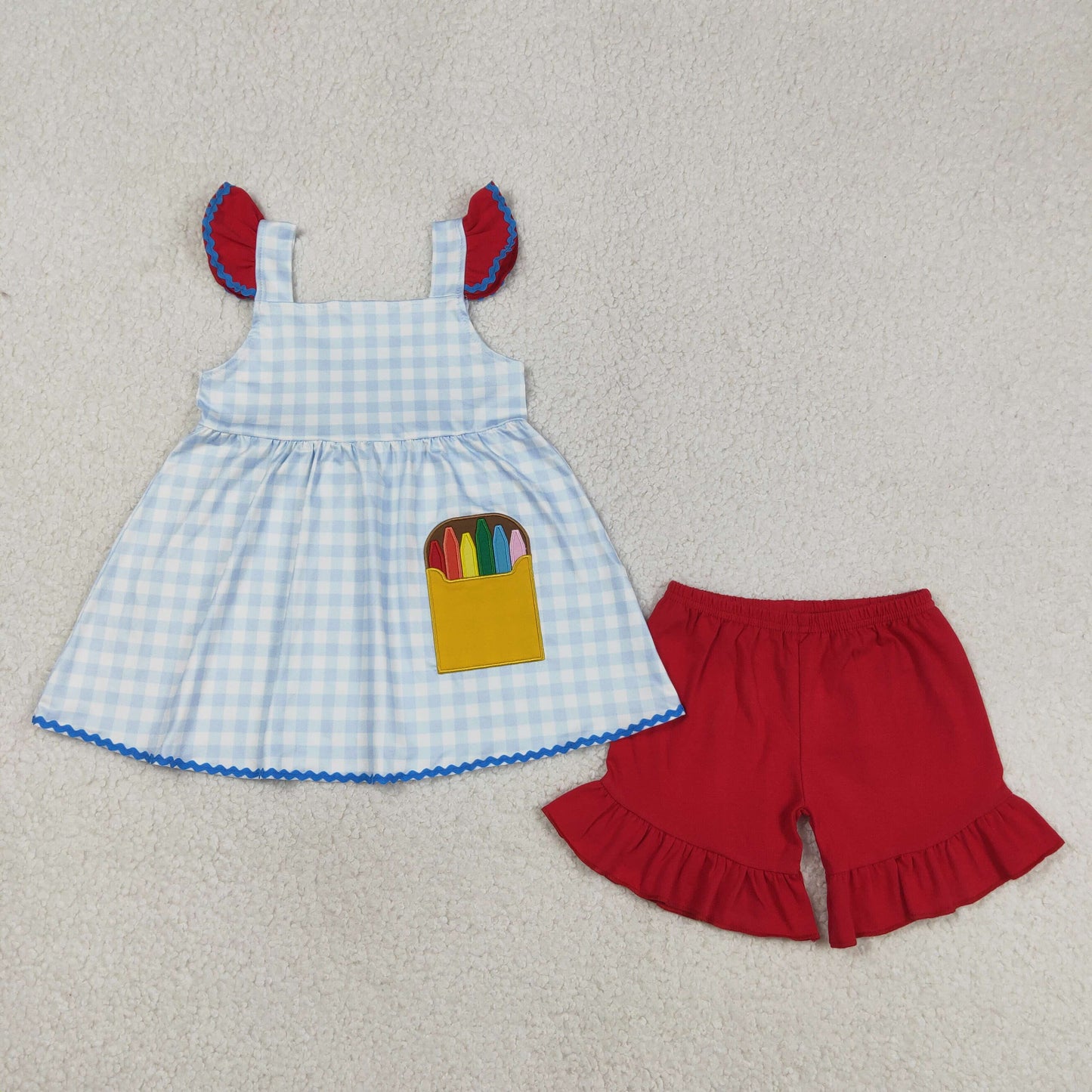 RTS NO MOQ GSSO3101 Embroidery Pencils Baby Girls Plaid Tunic with Ruffle Shorts Back-to-School Outfit