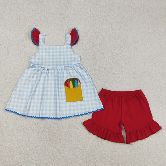 RTS NO MOQ GSSO3101 Embroidery Pencils Baby Girls Plaid Tunic with Ruffle Shorts Back-to-School Outfit