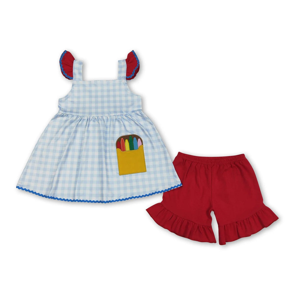 RTS NO MOQ Sibling milk silk Baby Girls Boys Embroidery Pencil Checked Top Elastic Waist Shorts Back To School Casual Outfit(2T-14-16T）