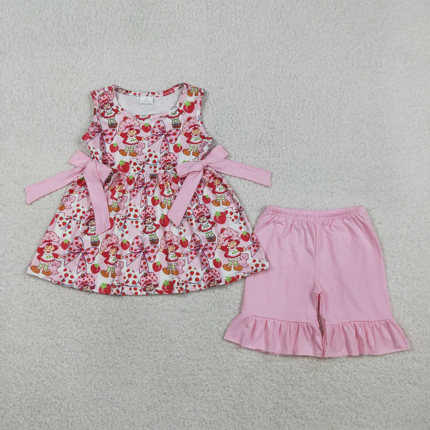 RTS NO MOQ GSSO3104 Girls Baby Sleeveless Pink Checked Strawberry Tunic Ruffle Shorts Outfit Set Cute Children's Clothing
