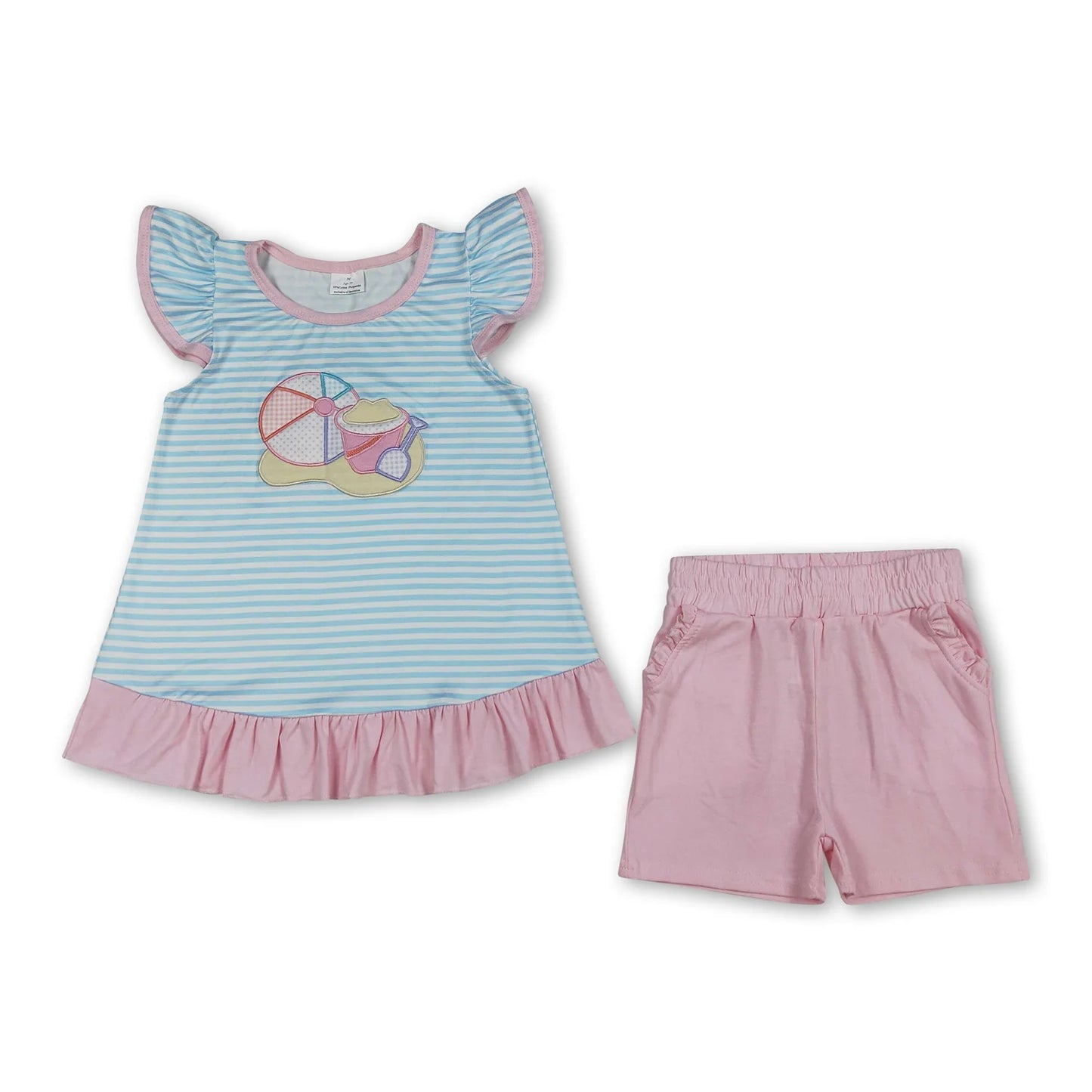 RTS NO MOQ Sibling milk silk Baby Girl Boys Embroidery Striped Beach Two Piece Clothes Set Rompers