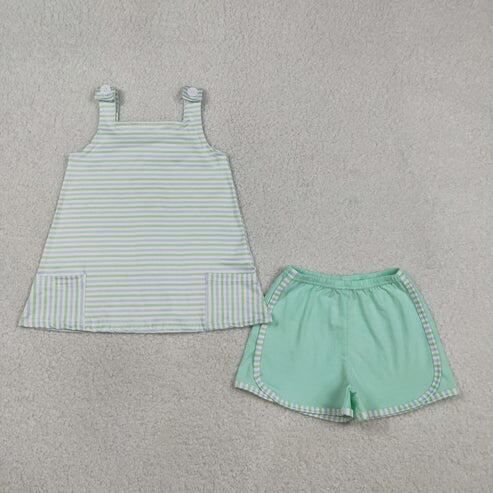 RTS NO MOQ Sibling Baby Boys Girls Sleeveless Romper Aqua Stripe Tunic Short Clothes Set