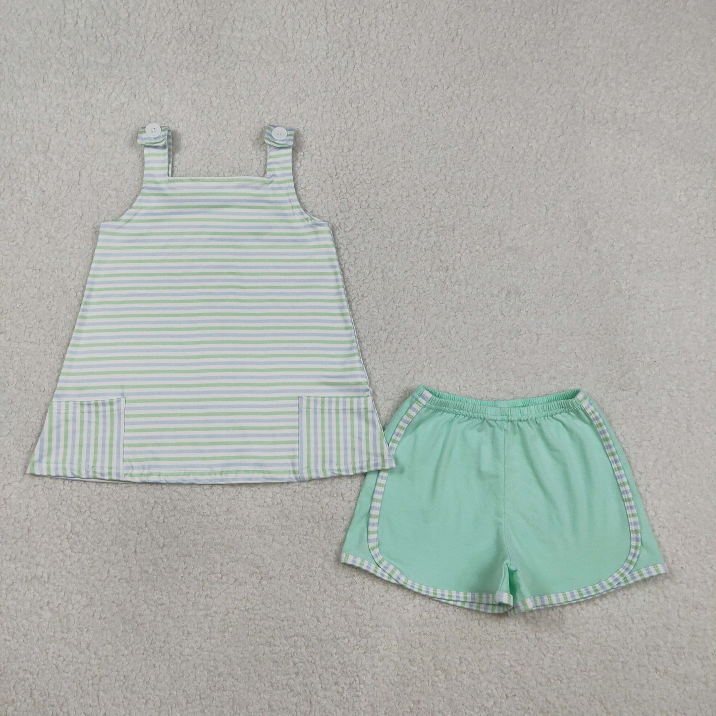 RTS NO MOQ GSSO3110 Baby Girls Green Stripe Tunic Shorts Set with Pockets Strap Clothes Outfit for Little Girls