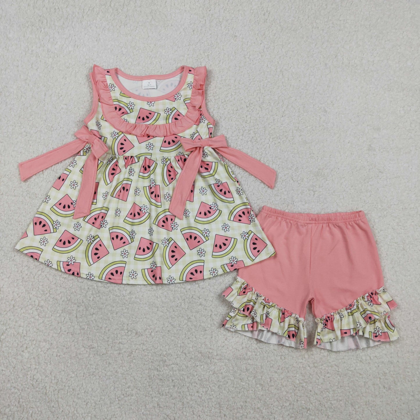 RTS NO MOQ Sibling Baby Girls Green Tunic Ruffle Shorts Outfit Rompers Set with Checked Flowers Watermelons Print for Spring Summer
