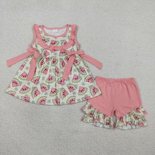 RTS NO MOQ GSSO3118  Baby Girls Green Tunic Ruffle Shorts Outfit with Checked Flowers Watermelons Print Cute Baby Girl Clothing Set
