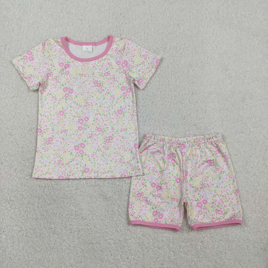 RTS NO MOQ GSSO3129 Baby Girls Pink Flowers Short Sleeve Top And Shorts Pajamas Set Cute Floral Sleepwear for Infants