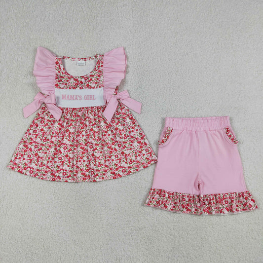 RTS NO MOQ GSSO3131 Baby Girls Embroidery Mama's Girls Flowers Tunic with Pockets Ruffle Shorts Outfit Set