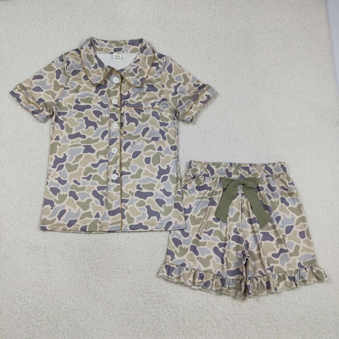 RTS NO MOQ Sibling Adult Women Camouflage Pajamas Sets Button Pocket Ruffle Shorts with Bows Hunting Sleepwear