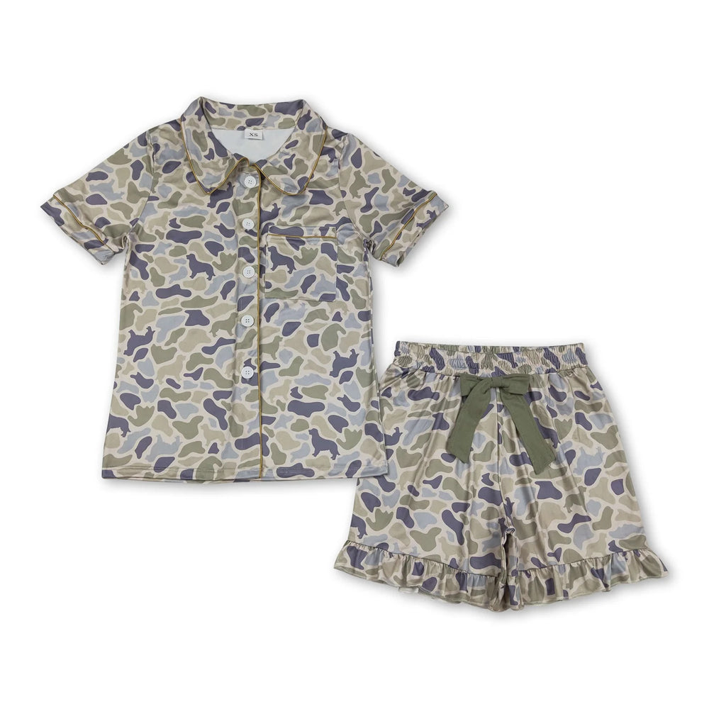 RTS NO MOQ Sibling milk silk Adult Women Camouflage Print Button Front Top Shorts Two Piece Pajama Clothes Set